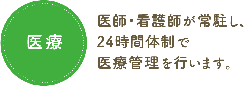 医療　医師・看護師が常駐し、24 時間体制で医療管理を行います。